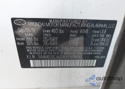 2020 Hyundai Santa Fe Sel z USA, uszkodzony, nr VIN 5NMS3CAD1LH169600